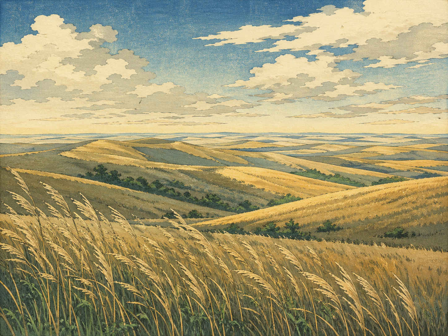 フリント・ヒルズの稜線を描いた木版画風イメージ