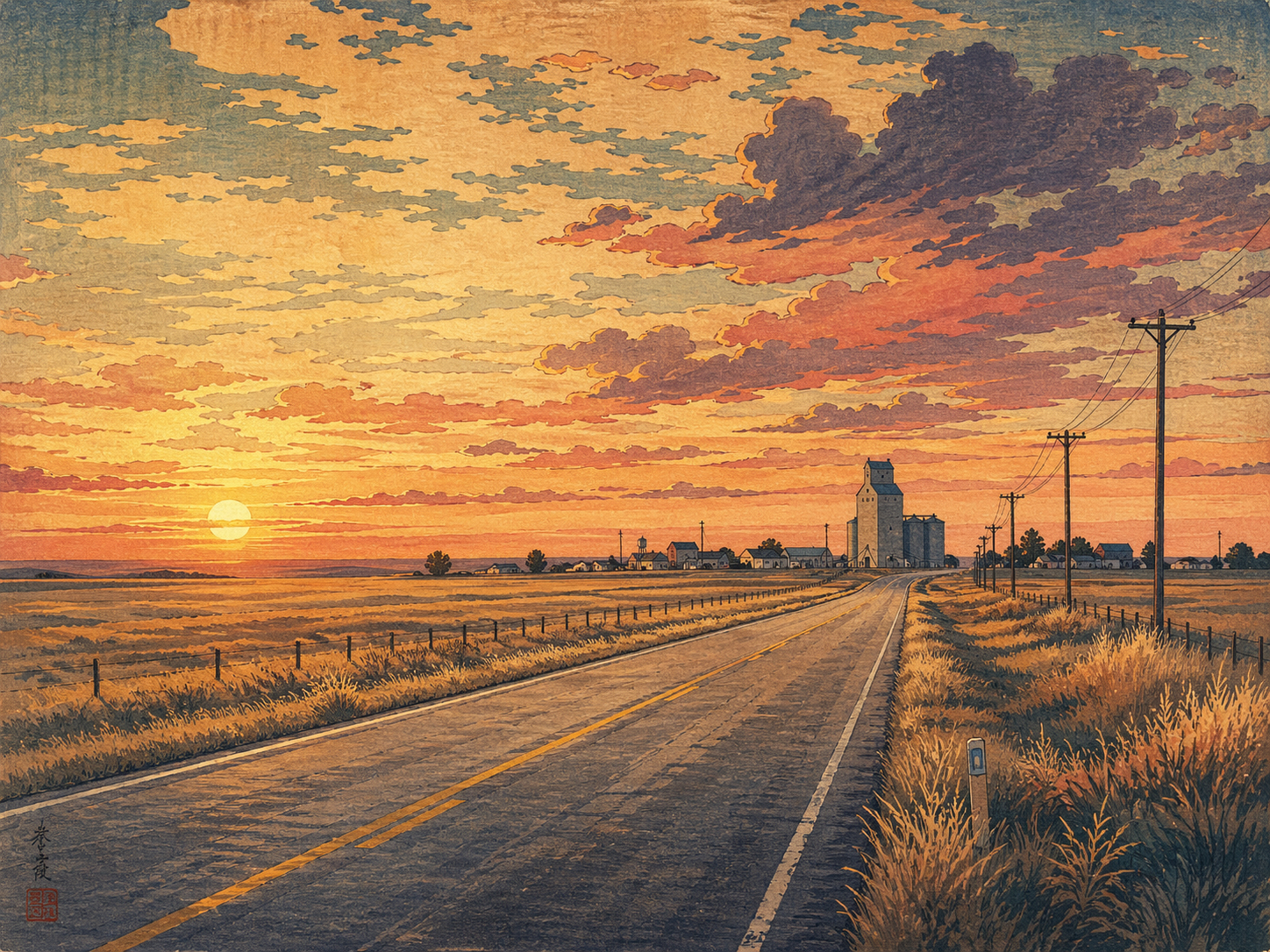 カンザスのロード風景を描いた木版画風イメージ