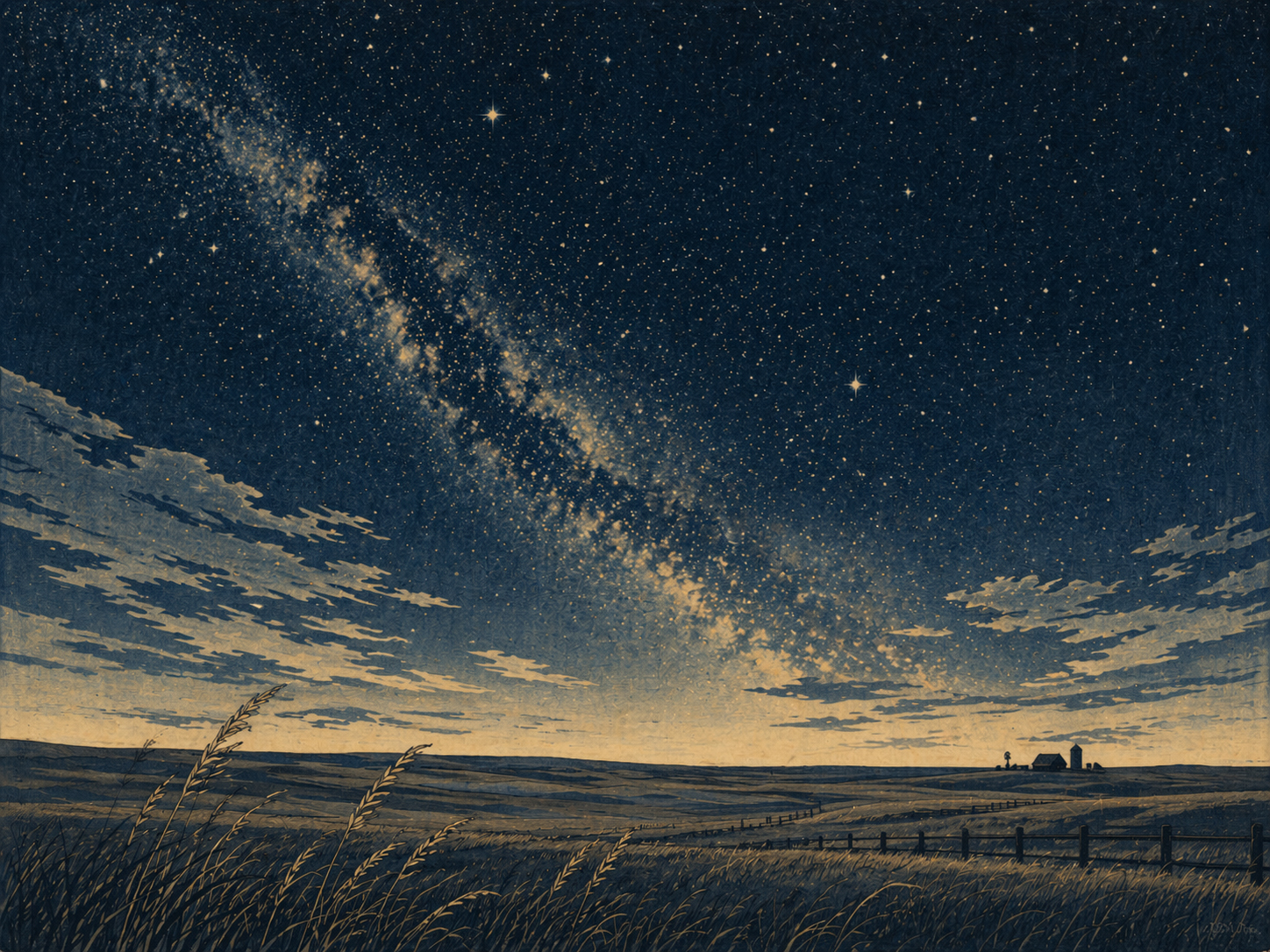 星空を見上げるカンザスの木版画風イメージ