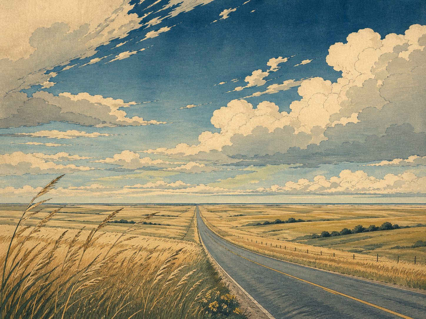 広い空と地平線の木版画風イメージ