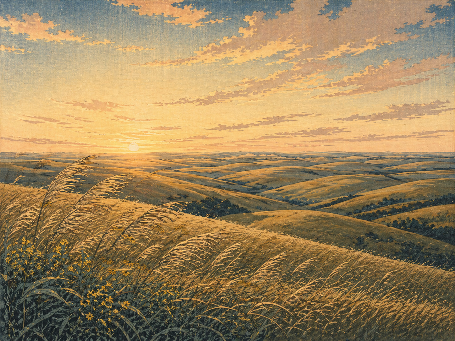 朝のフリント・ヒルズを描いた木版画風イメージ