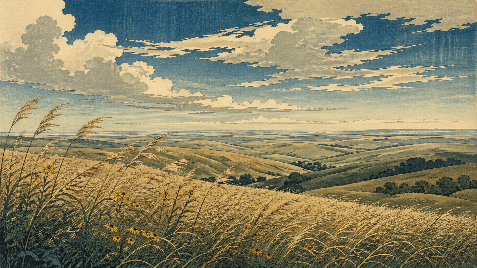 大きな空の下にうねるフリント・ヒルズの草原を描いた木版画風イメージ