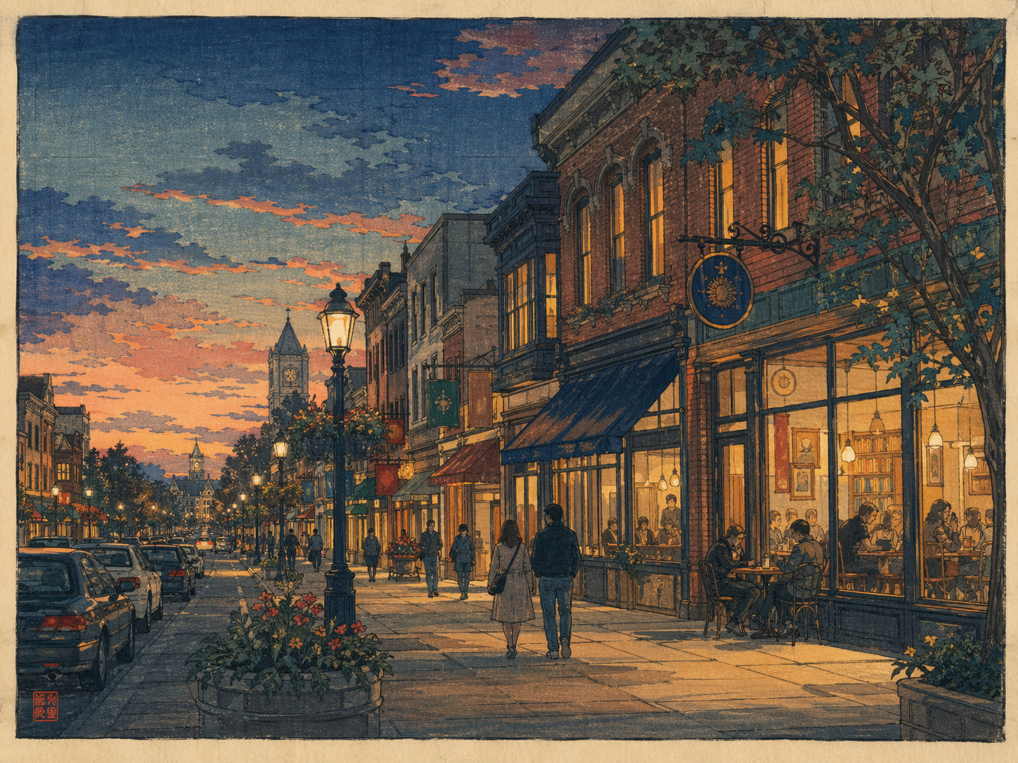 夜のローレンス中心街を描いた木版画風イメージ