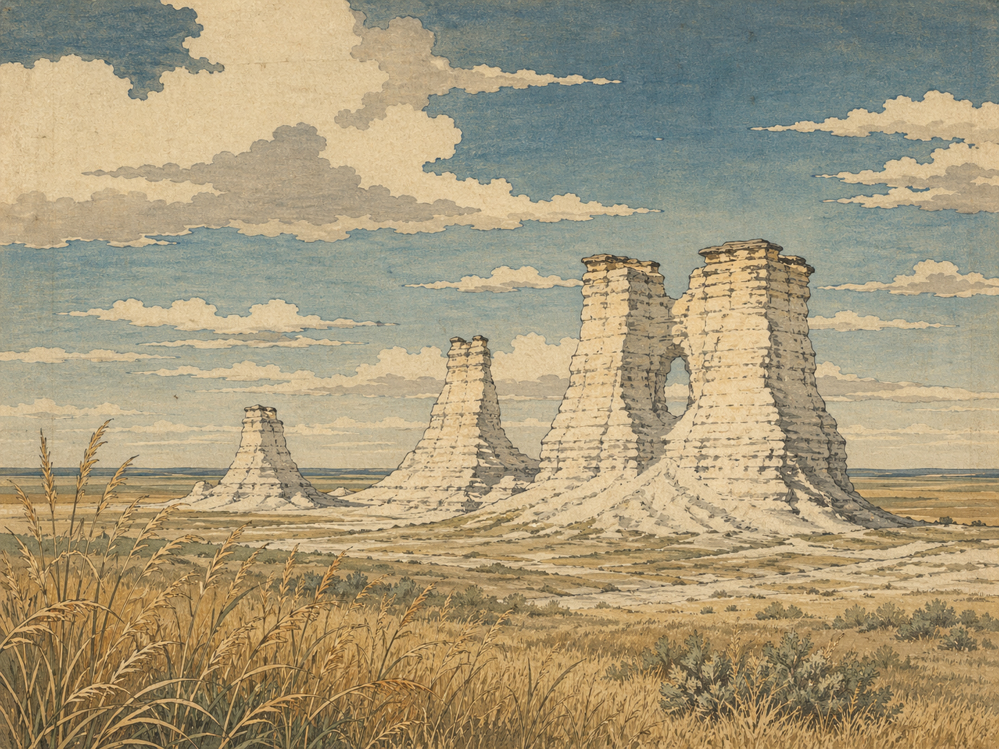 草原に立つモニュメント・ロックスの木版画風イメージ