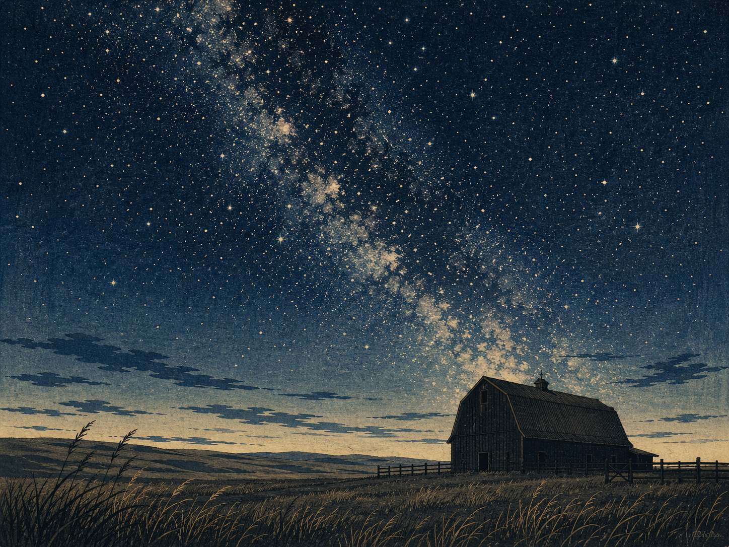 星空と草原を描いた木版画風イメージ