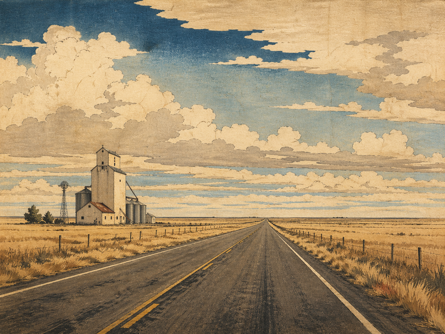 地平線へ伸びるカンザスの道路を描いた木版画風イメージ