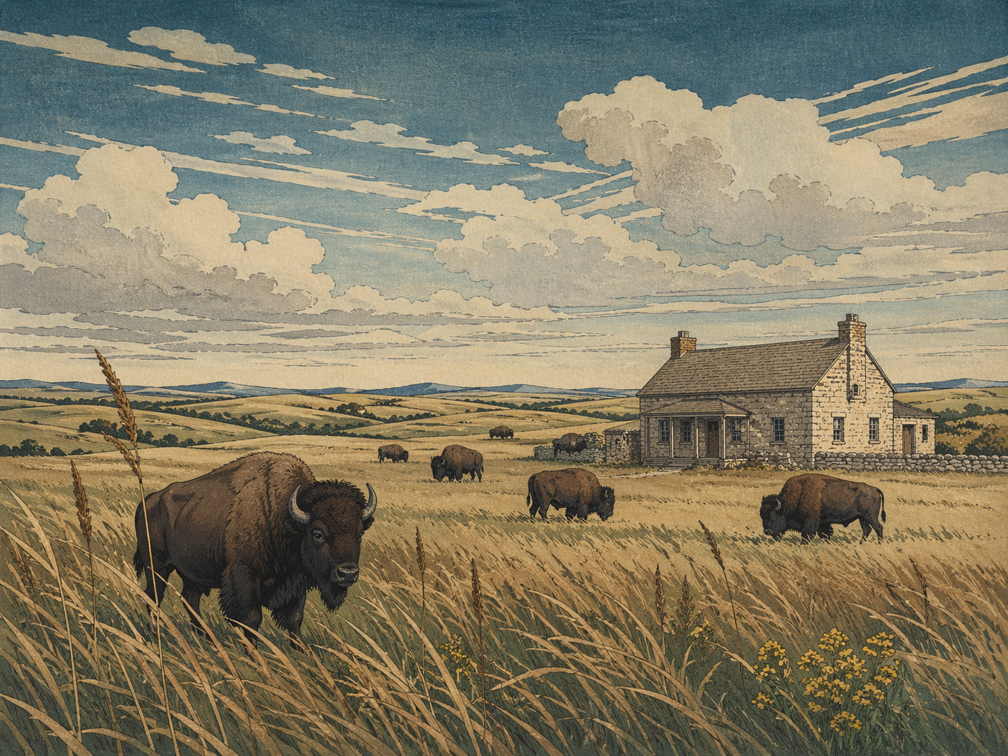 タルグラス・プレーリーの保護区と草原風景を描いた木版画風イメージ