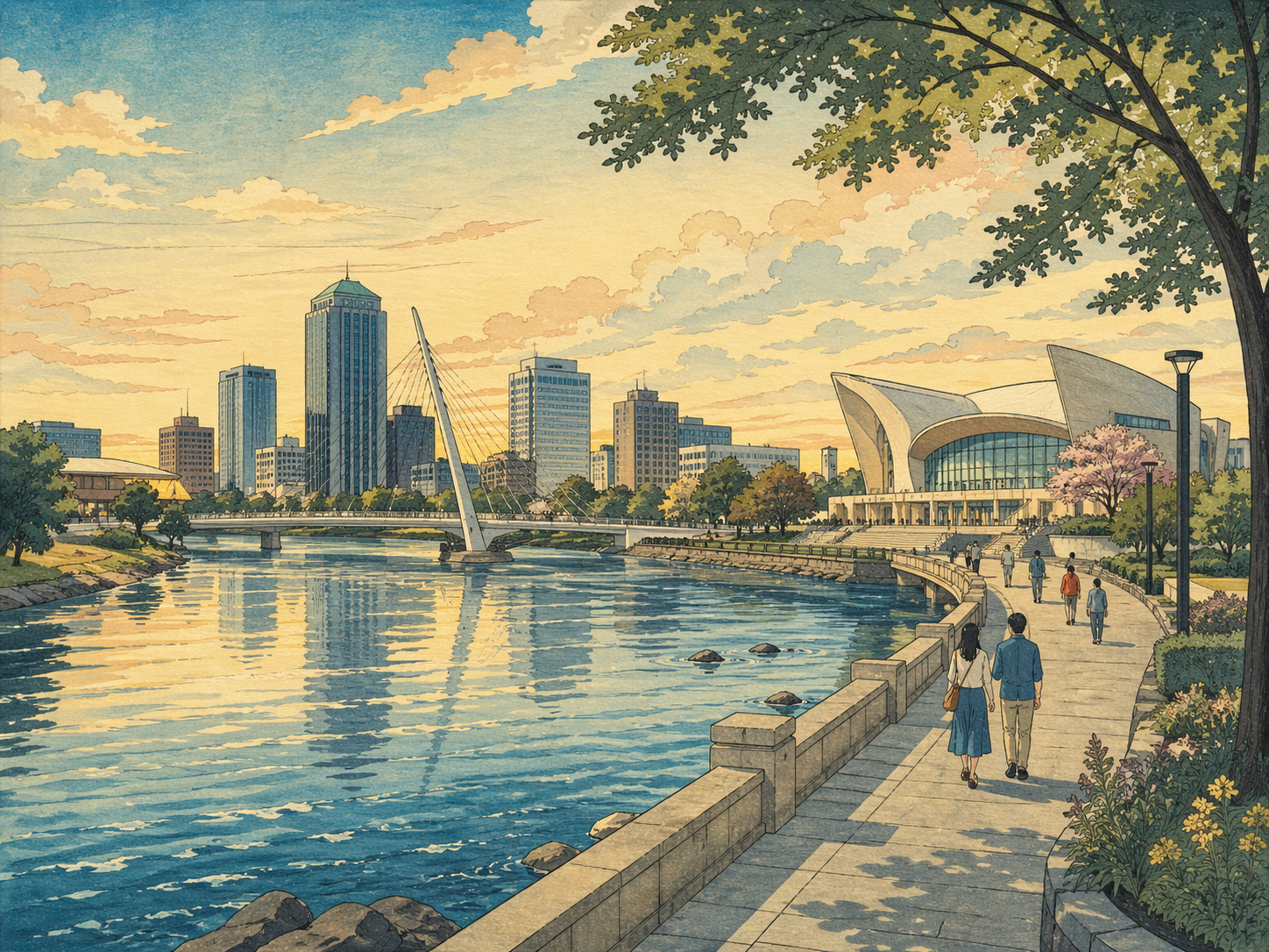 都市文化を表現したウィチタの木版画風イメージ