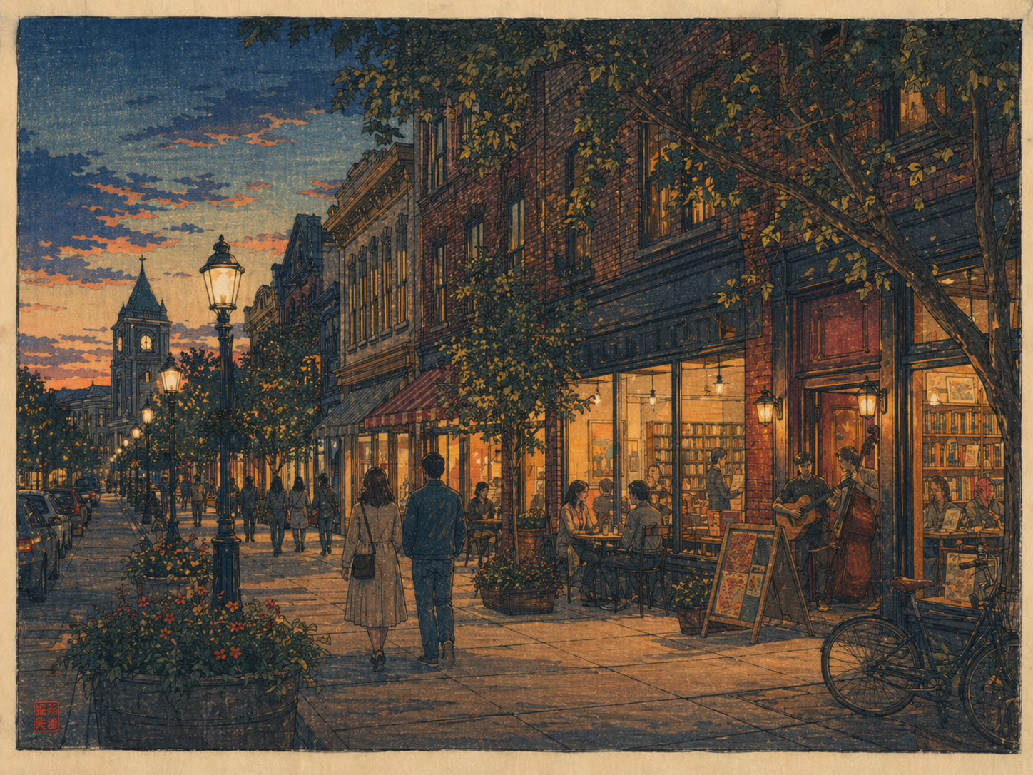 書店とカフェのある大学町の木版画風イメージ