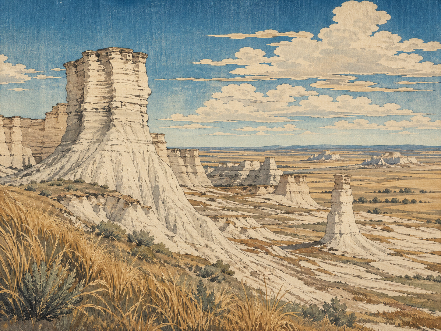 石灰岩の奇景を描いた木版画風イメージ