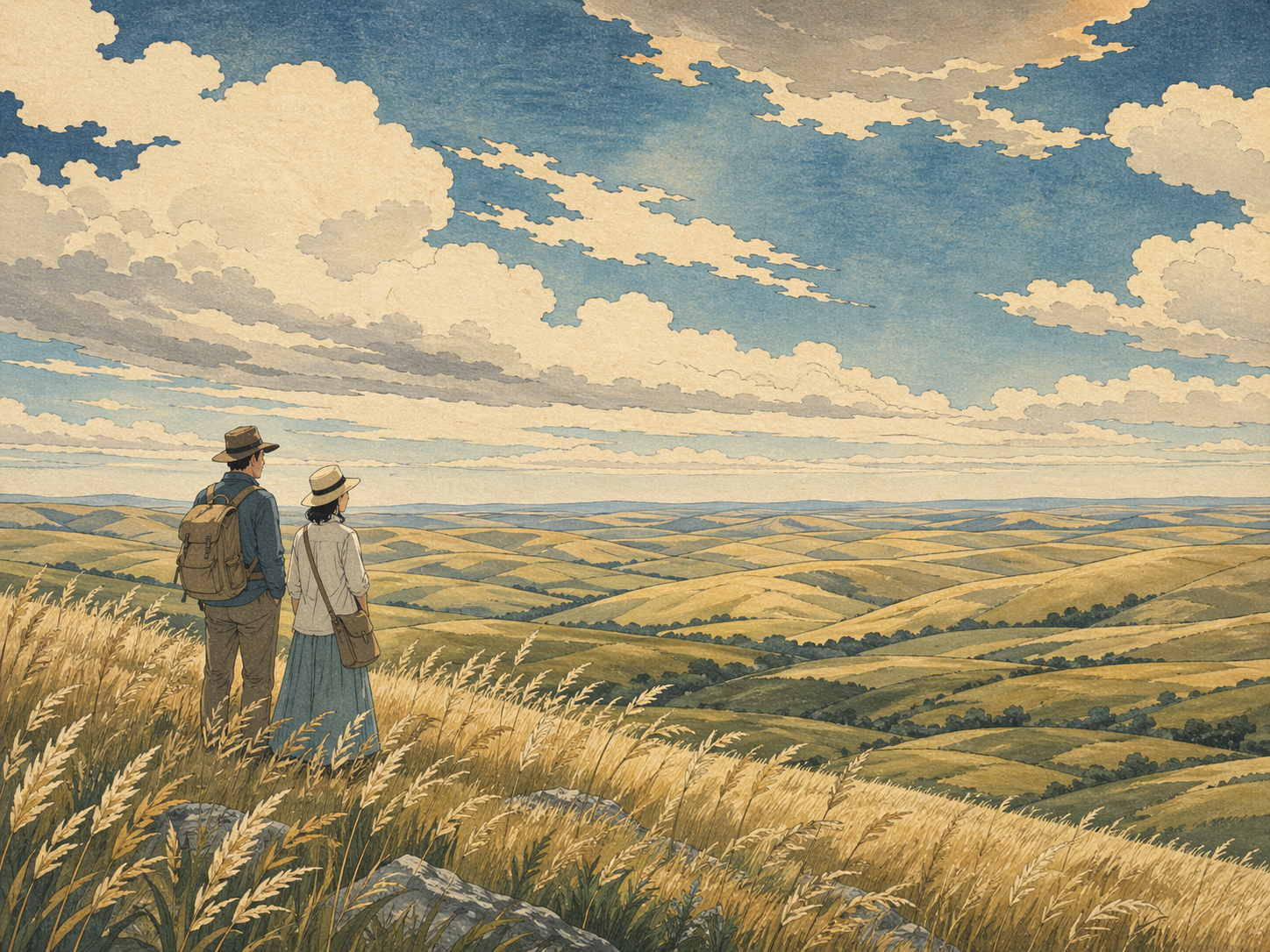 草原を眺める旅人の木版画風イメージ