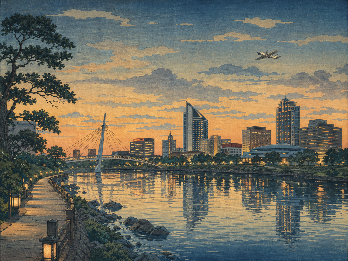 夕暮れのウィチタ川沿いと街並みの木版画風イメージ